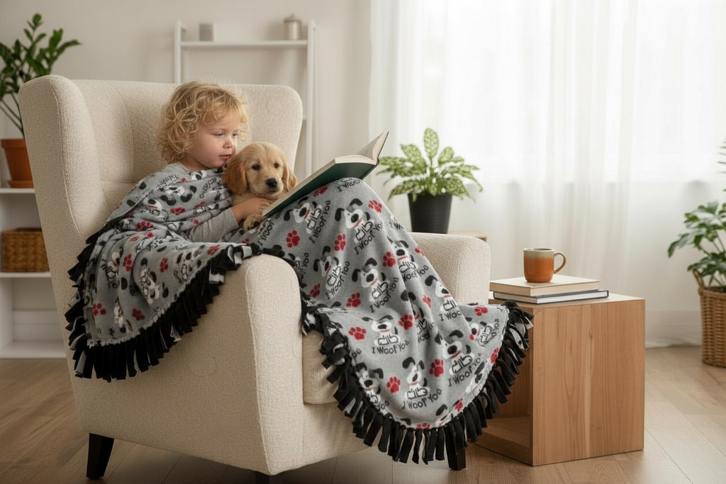 Dog Print Cut & Tie Fleece Blanket – 50” x 60”