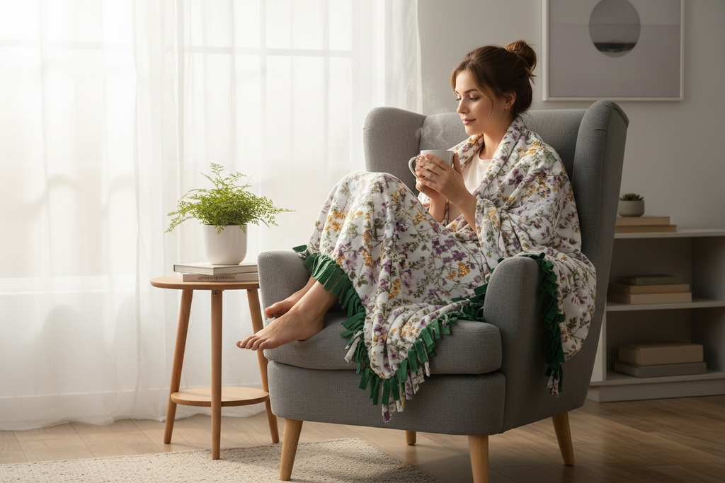 Purple, Yellow & White Floral Cut & Tie Fleece Blanket – 72” x 60”