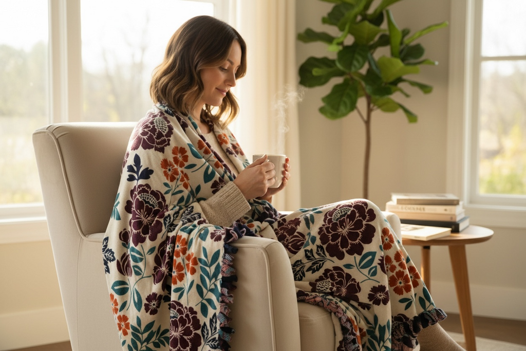 Colorful Purple, Orange, & Blue Floral Cut & Tie Fleece Blanket – 72” x 60”